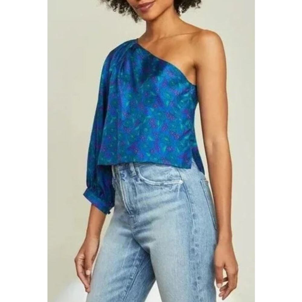Veronica Beard Lyric Top US 10 100% Silk Blue Floral One Shoulder Blouse Party